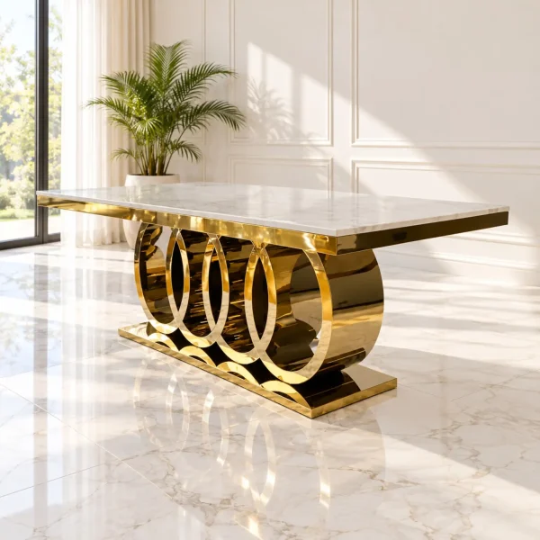 Mesa de Comedor Cronos Gold con cubierta de mármol blanco y base dorada