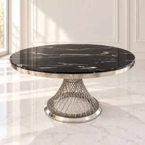 Mesa de Comedor Hades Silver plateada con cubierta de mármol negro