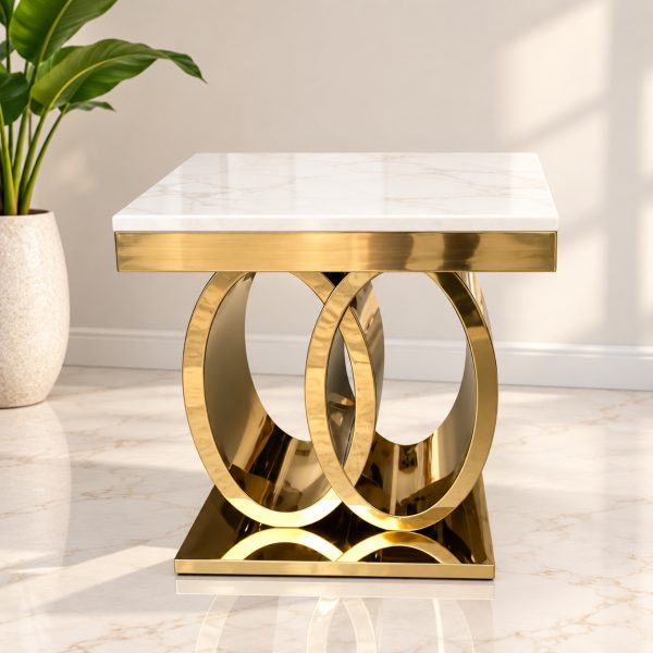 Mesa Lateral Cronos Gold con base dorada de aros y cubierta de mármol blanco