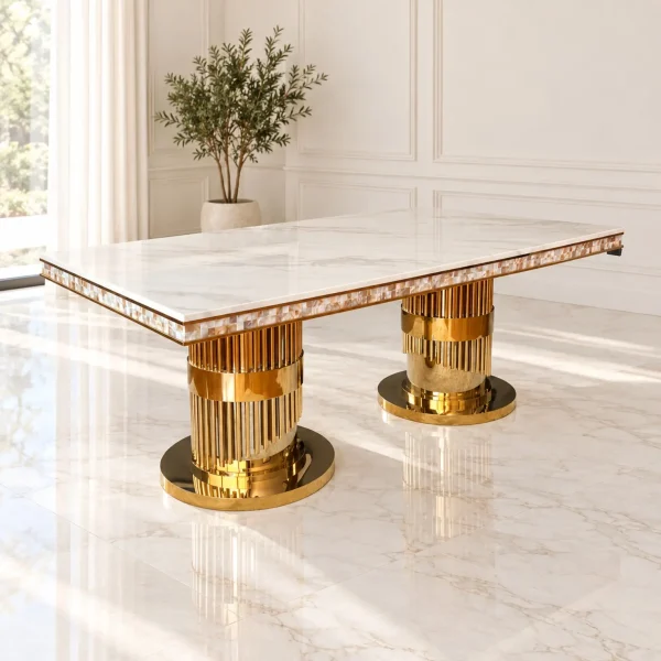 Mesa de Comedor Horus Gold con cubierta de mármol blanco y base dorada