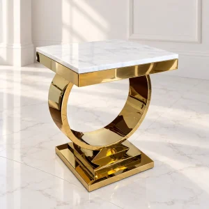 Mesa lateral Zeus dorada con cubierta de mármol blanco