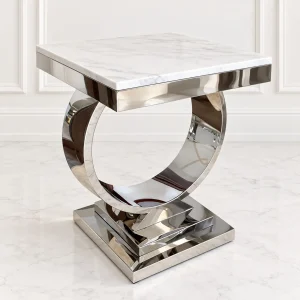 Mesa lateral Zeus plateada con cubierta de mármol blanco