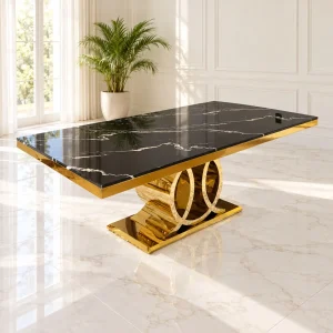 Mesa de Comedor Poseidón Gold con cubierta de mármol negro y base dorada