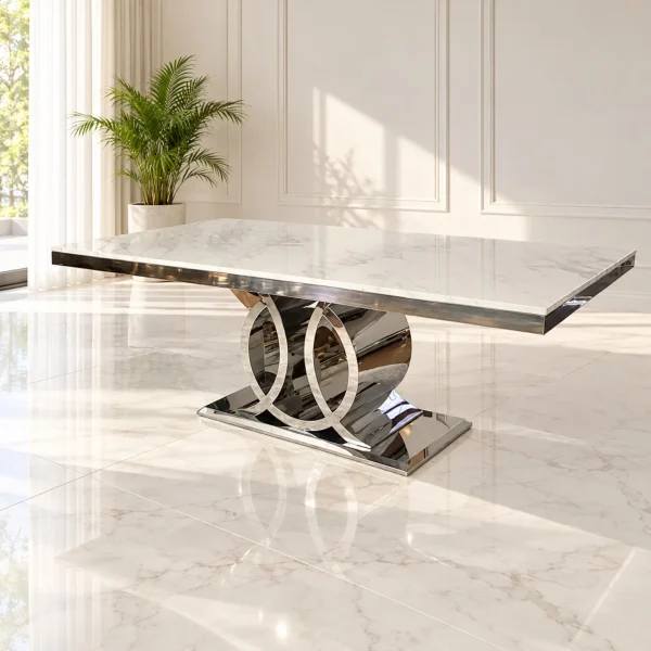 Mesa de Comedor Poseidón Silver con cubierta de mármol blanco y base plateada