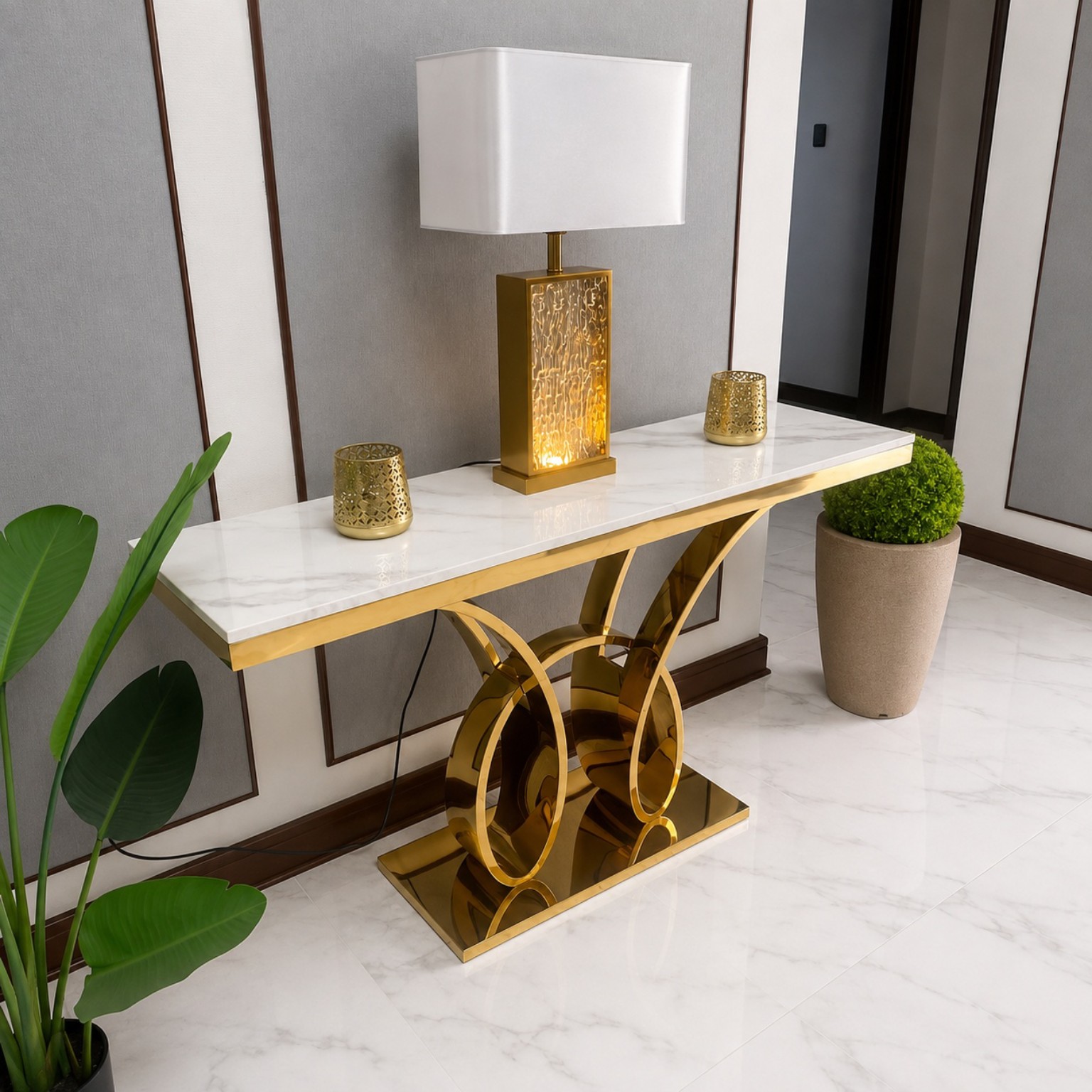 Muebles de Diseño en Chile 45 Arrimo dorado con cubierta de mármol blanco