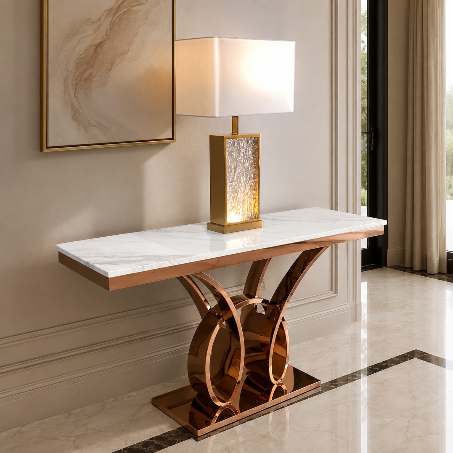 Muebles de Diseño en Chile 47 Arrimo oro rosa con cubierta de mármol blanco