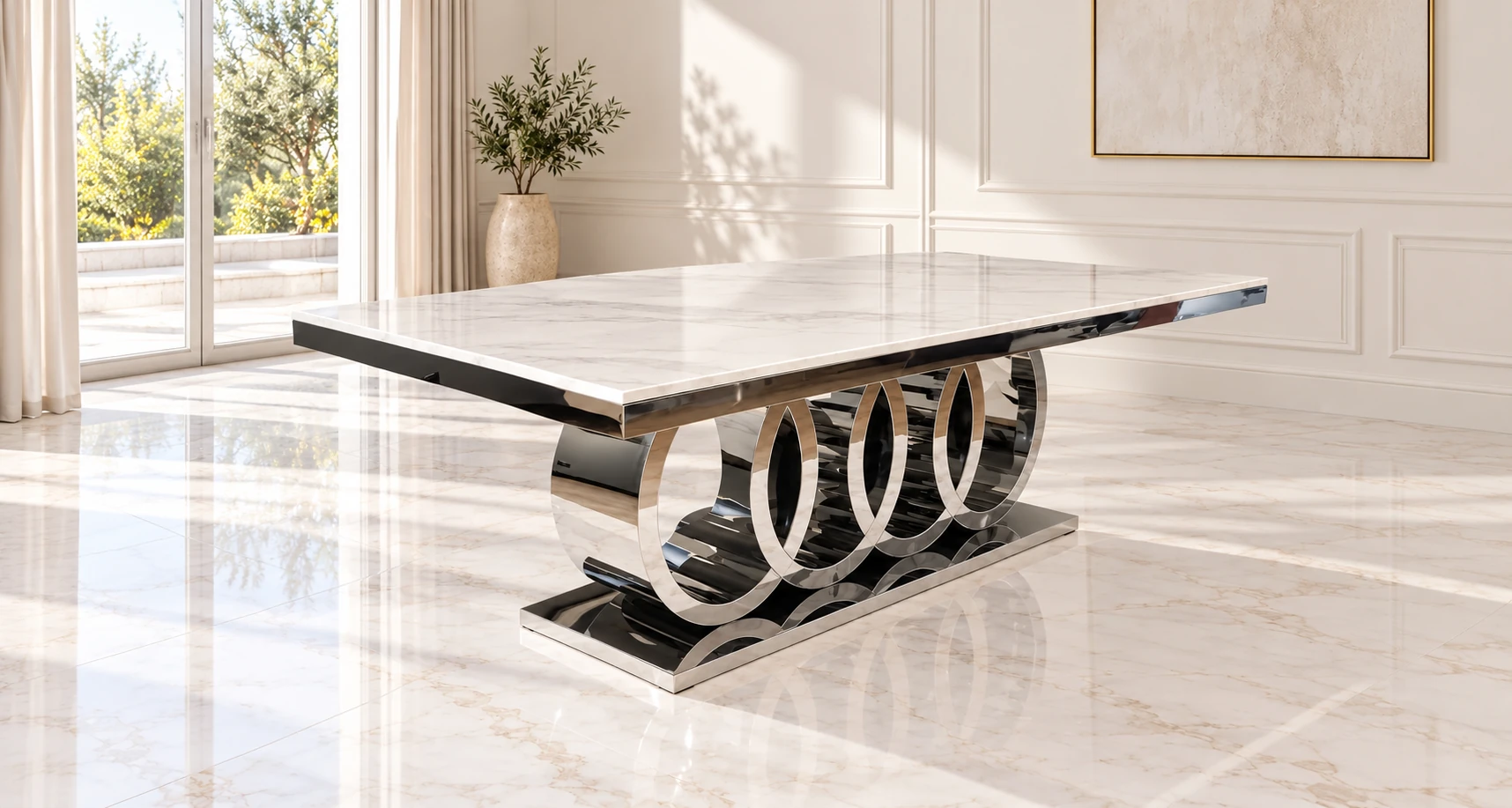 Mesa de comedor con cubierta de mármol blanco y base de acero plateado, vista completa en ambiente elegante y luminoso. Formato horizontal para categoría Comedores.