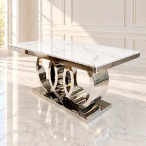 Mesa de Comedor Cronos Silver plateada de 150x90 cm con cubierta de mármol blanco