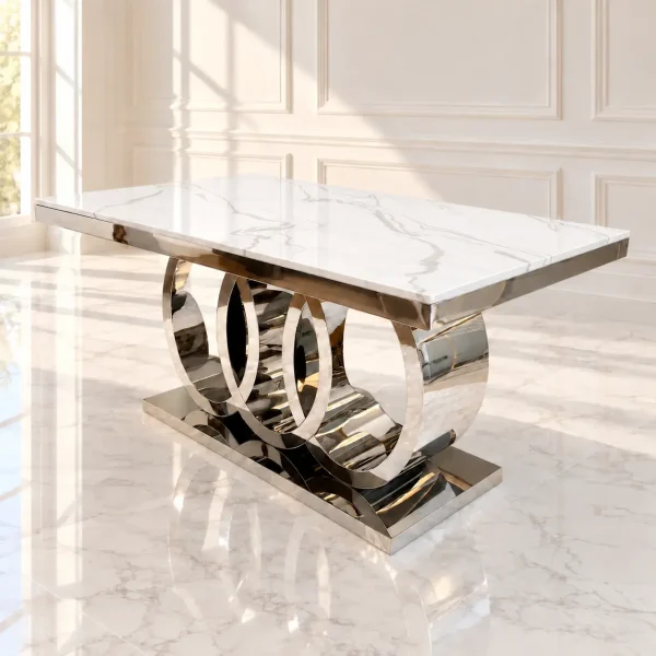 Mesa de Comedor Cronos Silver plateada de 150x90 cm con cubierta de mármol blanco