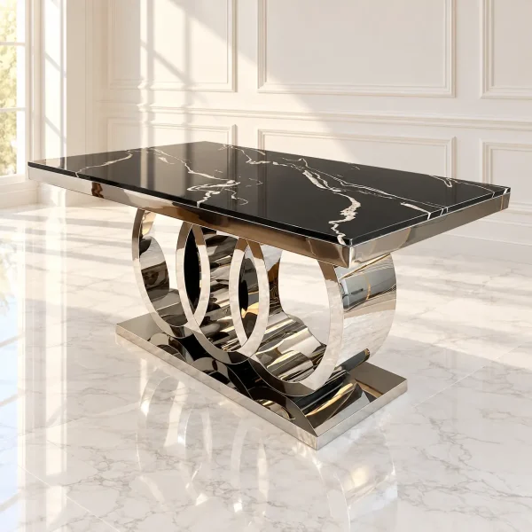 Mesa de Comedor Cronos Silver plateada de 150x90 cm con cubierta de mármol negro