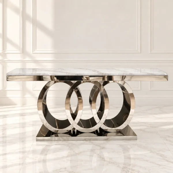 Vista frontal de Mesa de Comedor Cronos Silver plateada de 150x90 cm