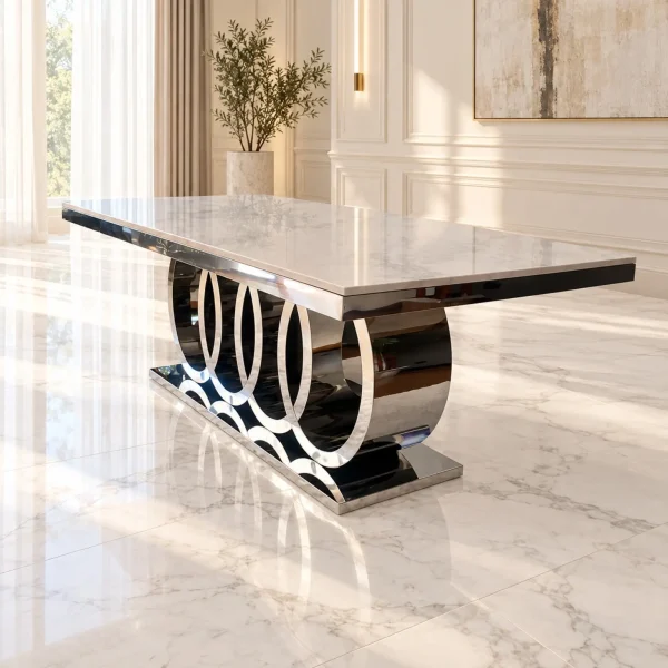 Mesa de Comedor Cronos Silver con cubierta blanca, vista diagonal