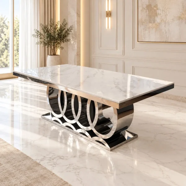Mesa de Comedor Cronos Silver con cubierta blanca en ambiente elegante