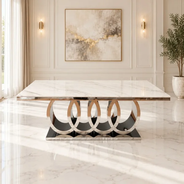 Mesa de Comedor Cronos Silver con cubierta blanca, vista frontal