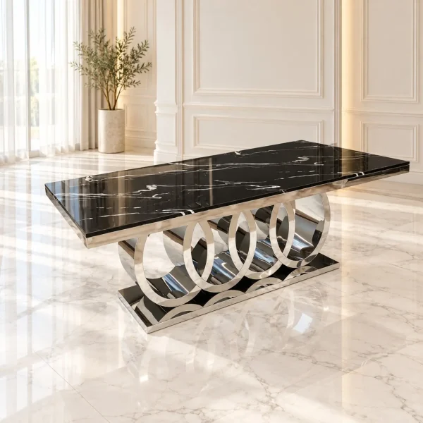 Mesa de Comedor Cronos Silver con cubierta negra, vista diagonal