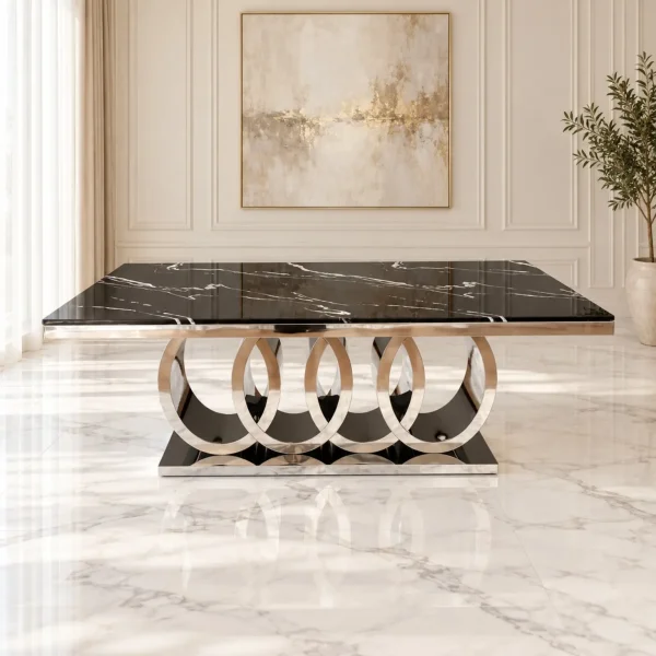 Mesa de Comedor Cronos Silver con cubierta negra, vista frontal