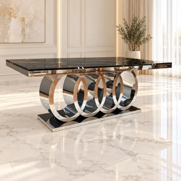 Mesa de Comedor Cronos Silver con cubierta negra en ambiente elegante