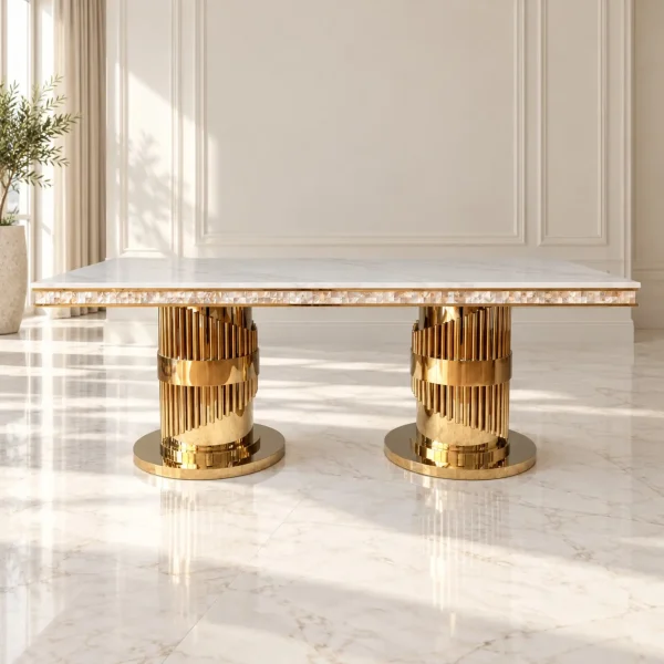Mesa de Comedor Horus Gold con cubierta blanca, vista frontal