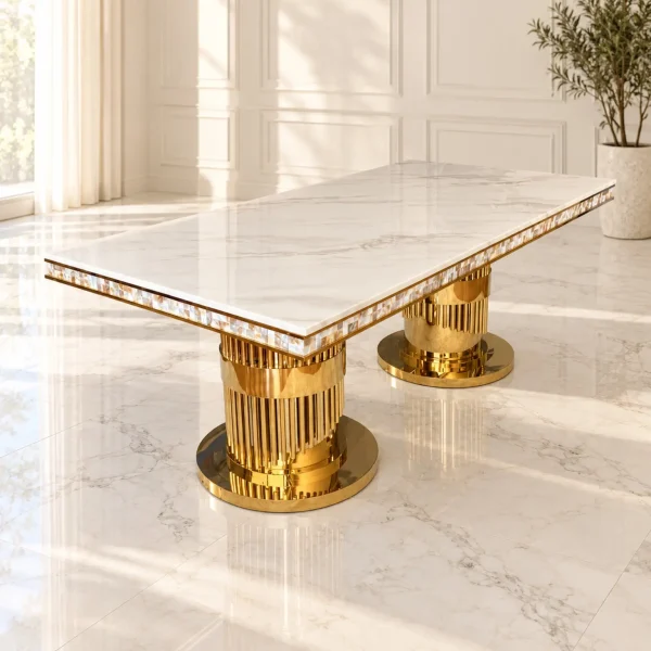 Mesa de Comedor Horus Gold con cubierta blanca, vista lateral