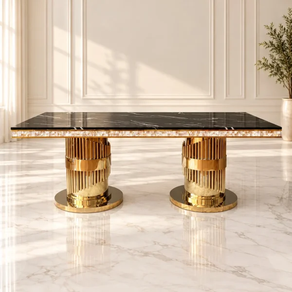 Mesa de Comedor Horus Gold con cubierta negra, vista frontal