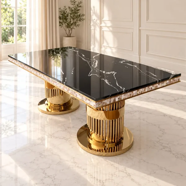 Mesa de Comedor Horus Gold con cubierta negra, vista diagonal