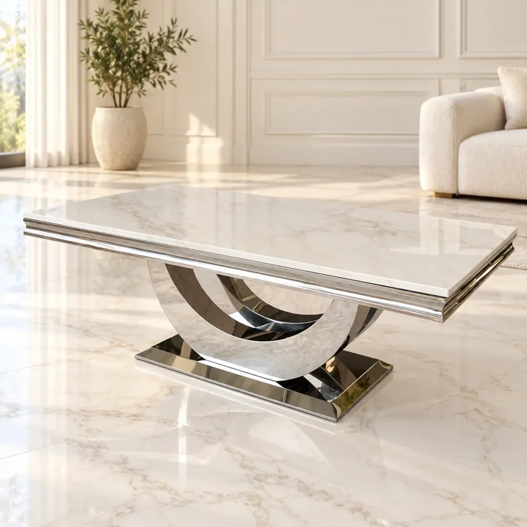 Mesa de centro de mármol blanco y acero plateado