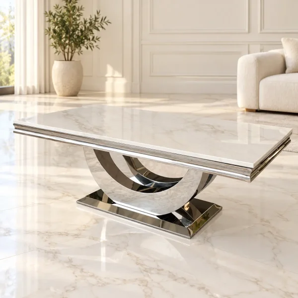 Mesa de centro de mármol blanco y acero plateado