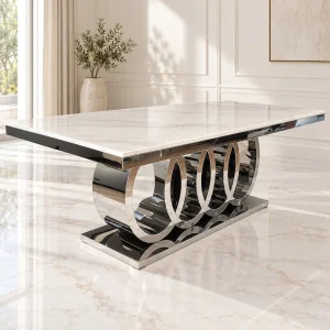 Mesa de comedor de mármol blanco y acero plateado