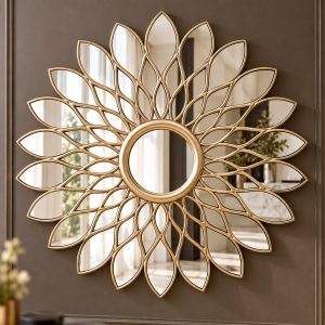 Espejo Ámsterdam circular con marco dorado de silueta floral con piezas alargadas en forma de pétalos