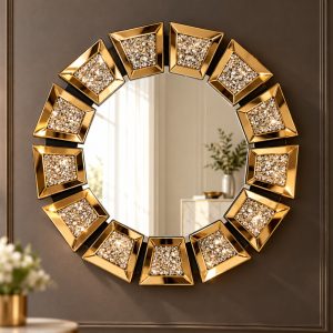 Espejo Dubái circular con marco circular dorado compuesto por segmentos geométricos con textura y efecto facetado
