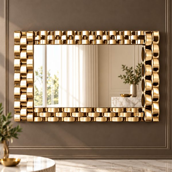 Espejo Lisboa rectangular con marco dorado de módulos geométricos que alternan volúmenes y reflejos