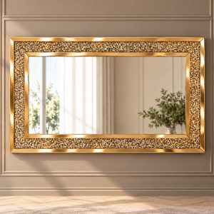 Espejo Madrid rectangular con marco dorado con textura decorativa y contorno de líneas rectas