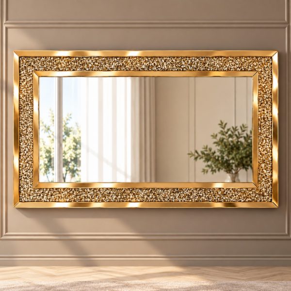Espejo Madrid rectangular con marco dorado con textura decorativa y contorno de líneas rectas