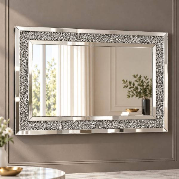 Espejo Múnich rectangular con marco plateado con textura decorativa y contorno de líneas rectas