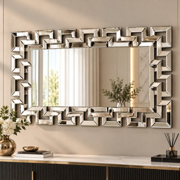 Espejo Roma rectangular con marco geométrico plateado de líneas escalonadas y relieves entrelazados