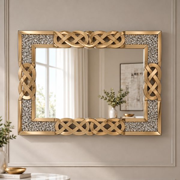 Espejo Tokio rectangular con marco de fondo plateado con motivos dorados entrelazados en sus bordes