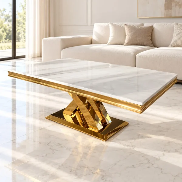 Mesa de Centro Troya Gold con mármol blanco
